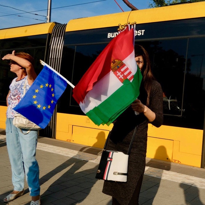 Selling flags at an Opposition Protest in Hungary - JP pic