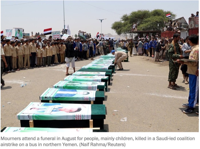 Mourners attend a funeral in August for people, mainly children, killed in a Saudi-led coalition airstrike on a bus in northern Yemen. (Naif Rahma/Reuters)